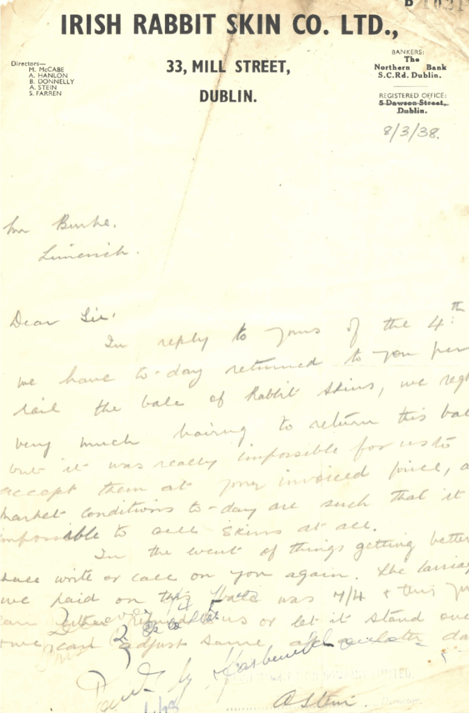 Historic letterhead from Irish Rabbit Skin Co. Ltd., located at 33 Mill Street, Dublin, dated March 8, 1938. The letter discusses the return of rabbit skins and market conditions, featuring handwritten correspondence.