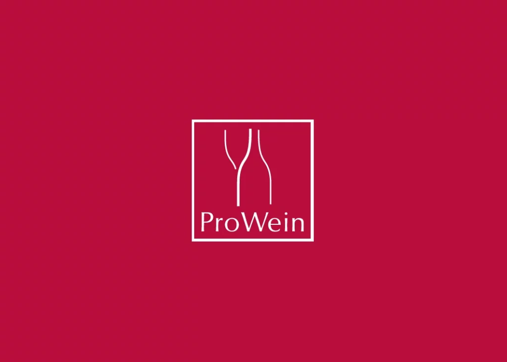 ProWein logo on a deep red background, featuring two wine glasses and the brand name "ProWein" in a modern font, representing a leading international trade fair for wines and spirits.