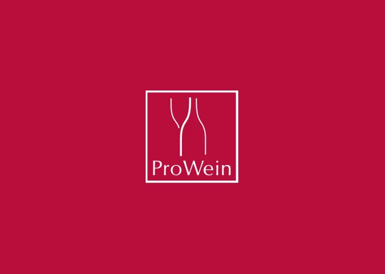 ProWein logo on a deep red background, featuring two wine glasses and the brand name "ProWein" in a modern font, representing a leading international trade fair for wines and spirits.